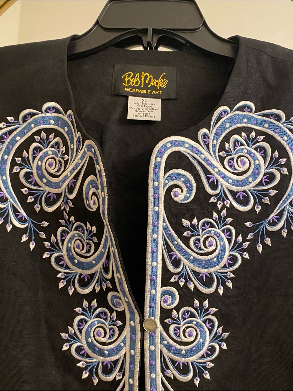 Bob Mackie Wearable Art Linen Rayon Cardigan Heart Floral Embroidery Sz XL Black - Picture 4 of 8